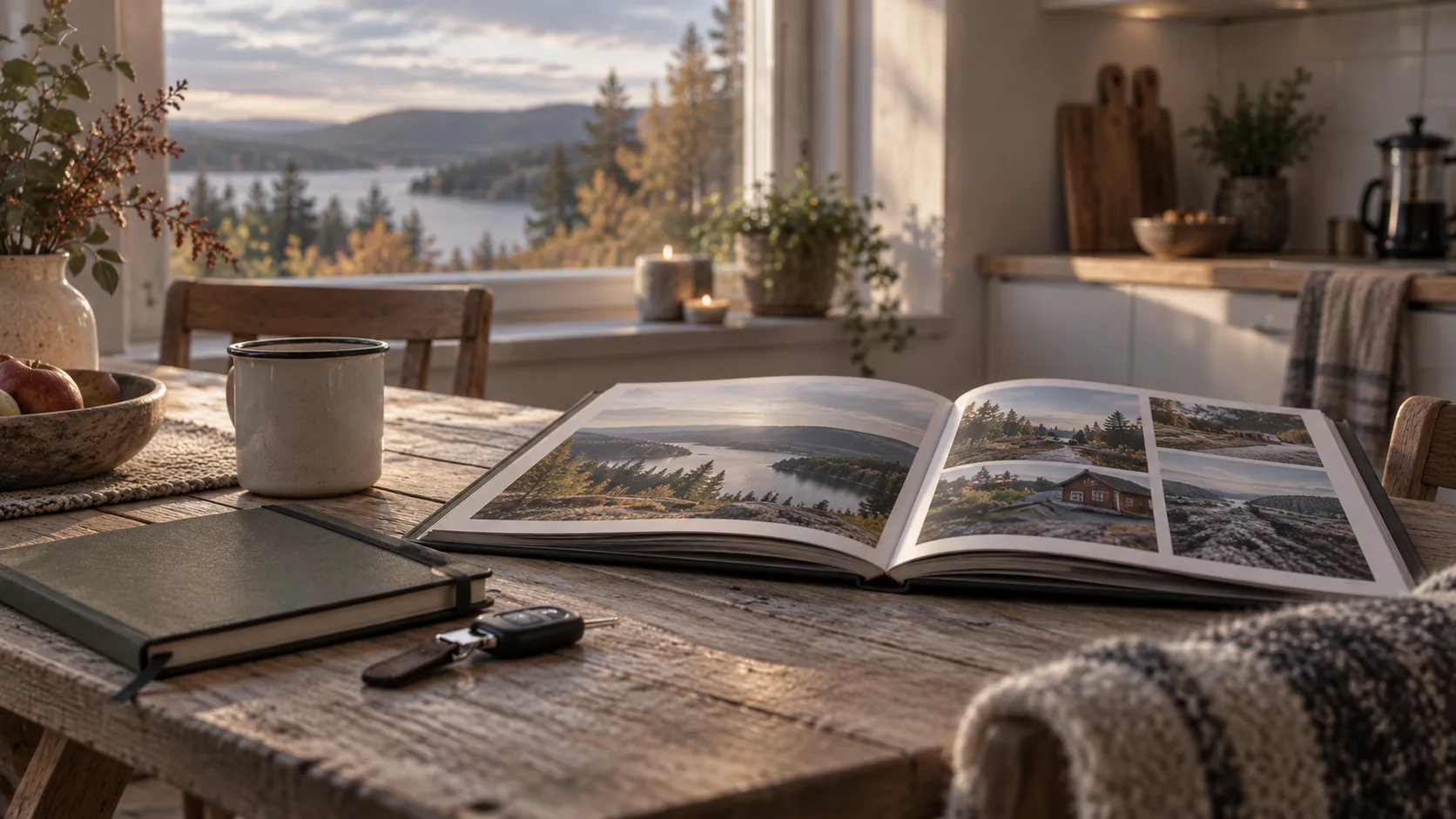 Illustration: öppen fotobok, anteckningsbok och bilnyckel på ett köksbord