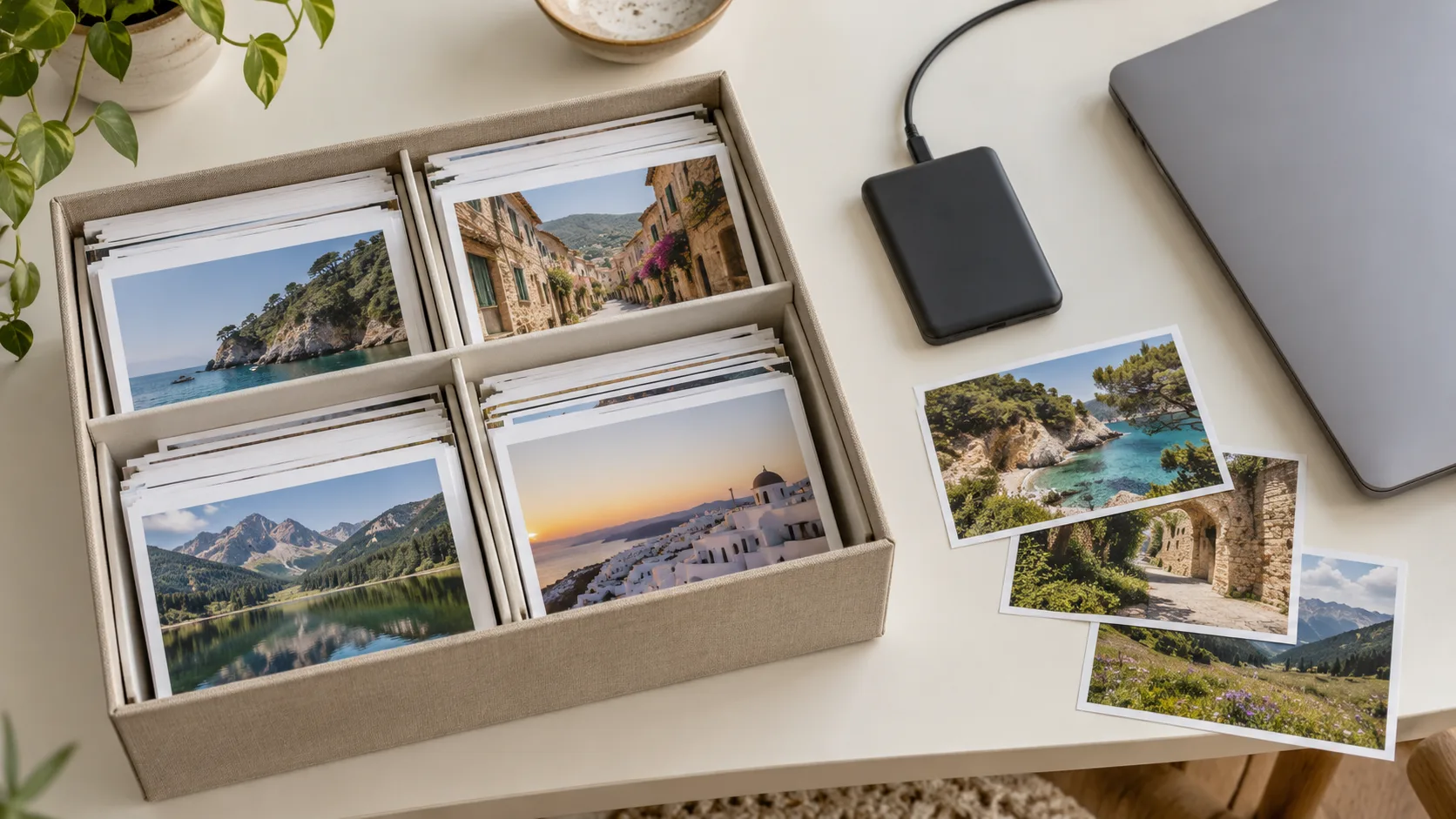 Illustration: Sorted travel photographs in an archive box beside an external drive