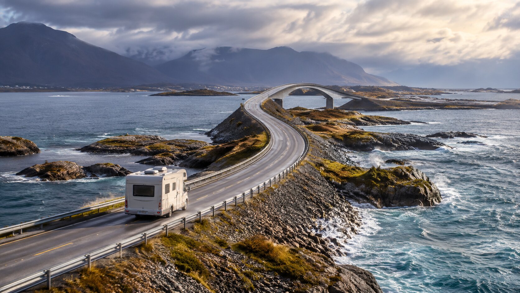 Storseisund Bridge on Norway's Atlantic Road in rough weather