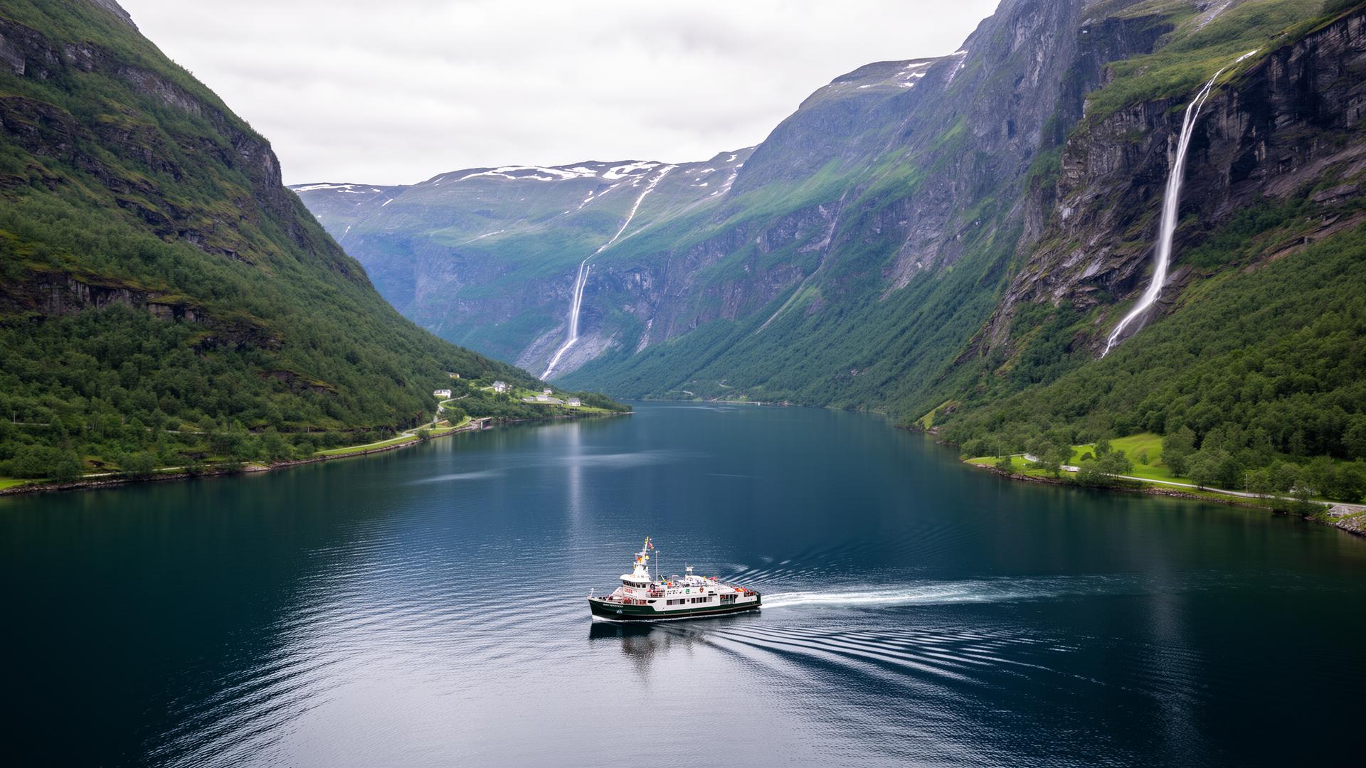 A fjord ferry among waterfalls and steep mountains
