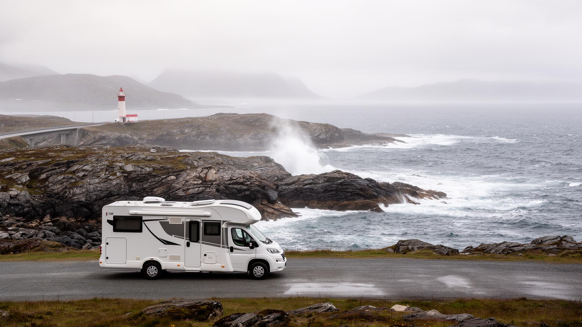 A motorhome parked beside the rocky Atlantic Road coast