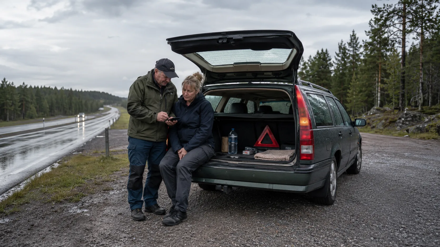 Two travellers checking road information beside a parked estate car on a rainy Swedish road