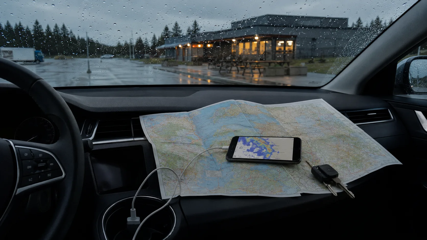 A paper map, charged phone and car keys inside a parked car during rain