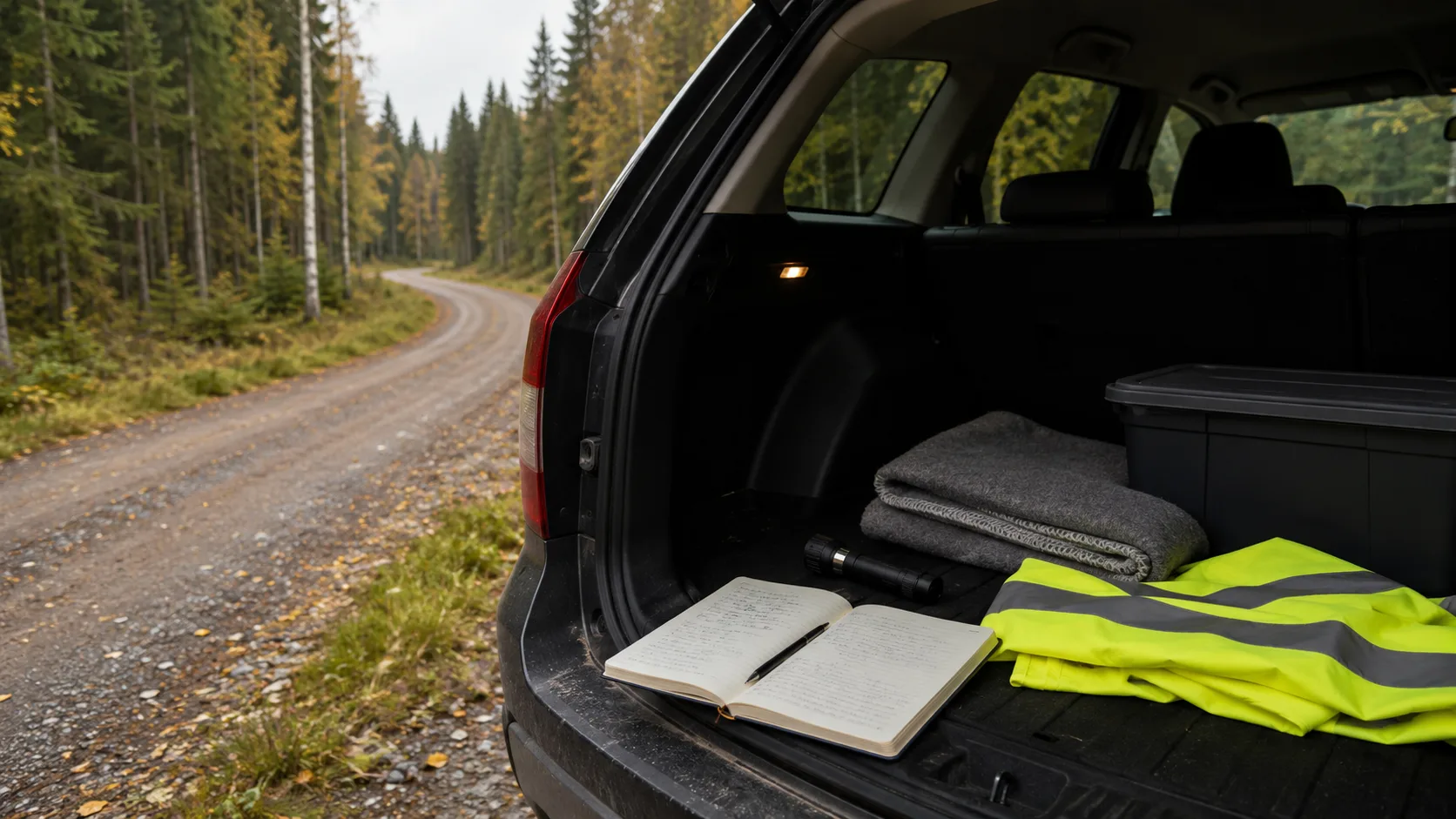 A warning triangle, reflective vest, blanket and notebook in a car boot after a trip