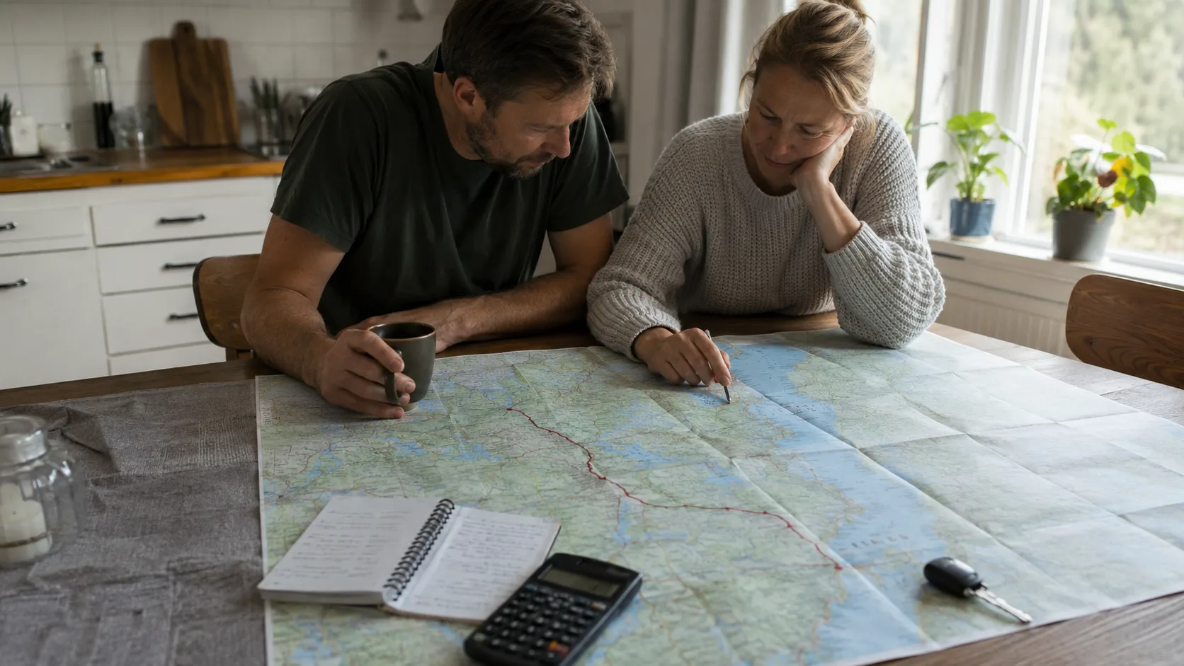 A couple planning a road-trip budget with a map of Sweden, notebook and calculator