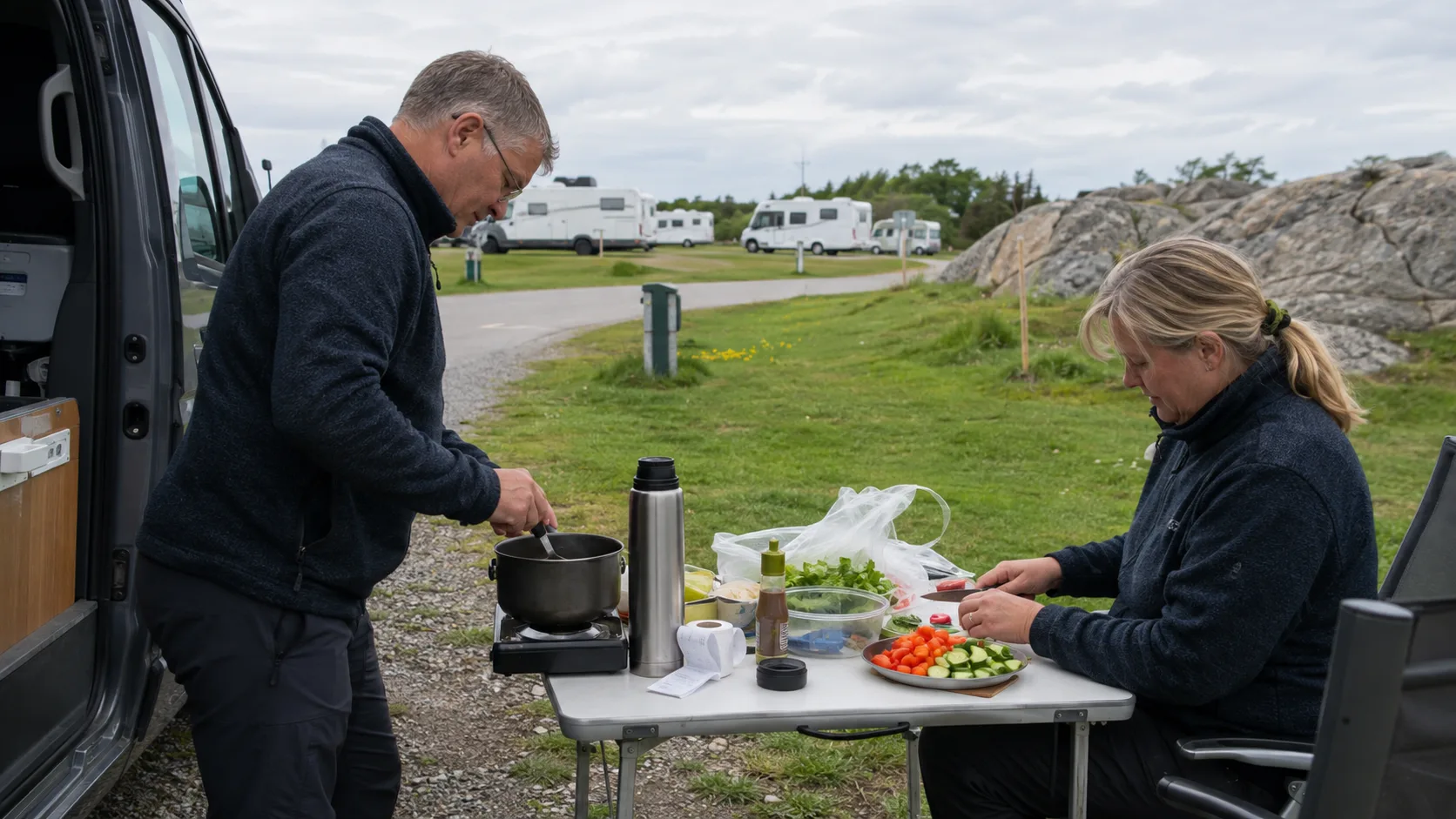 Two travellers cooking beside their van at a Swedish campsite