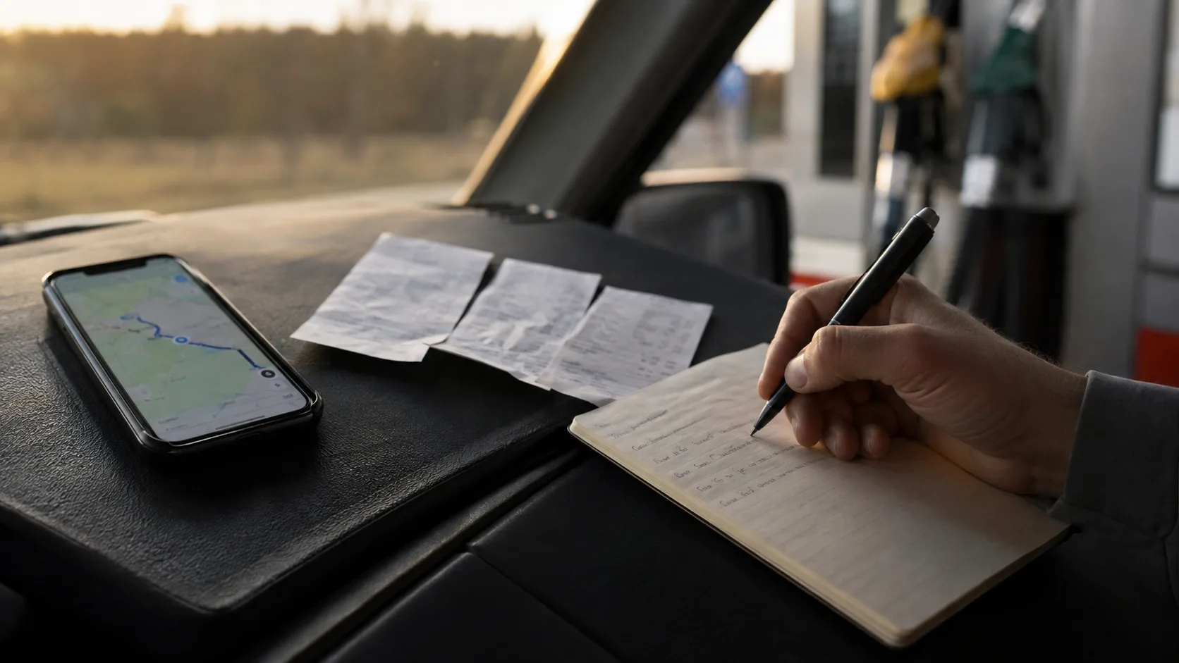 A traveller recording daily costs beside receipts and a phone route view