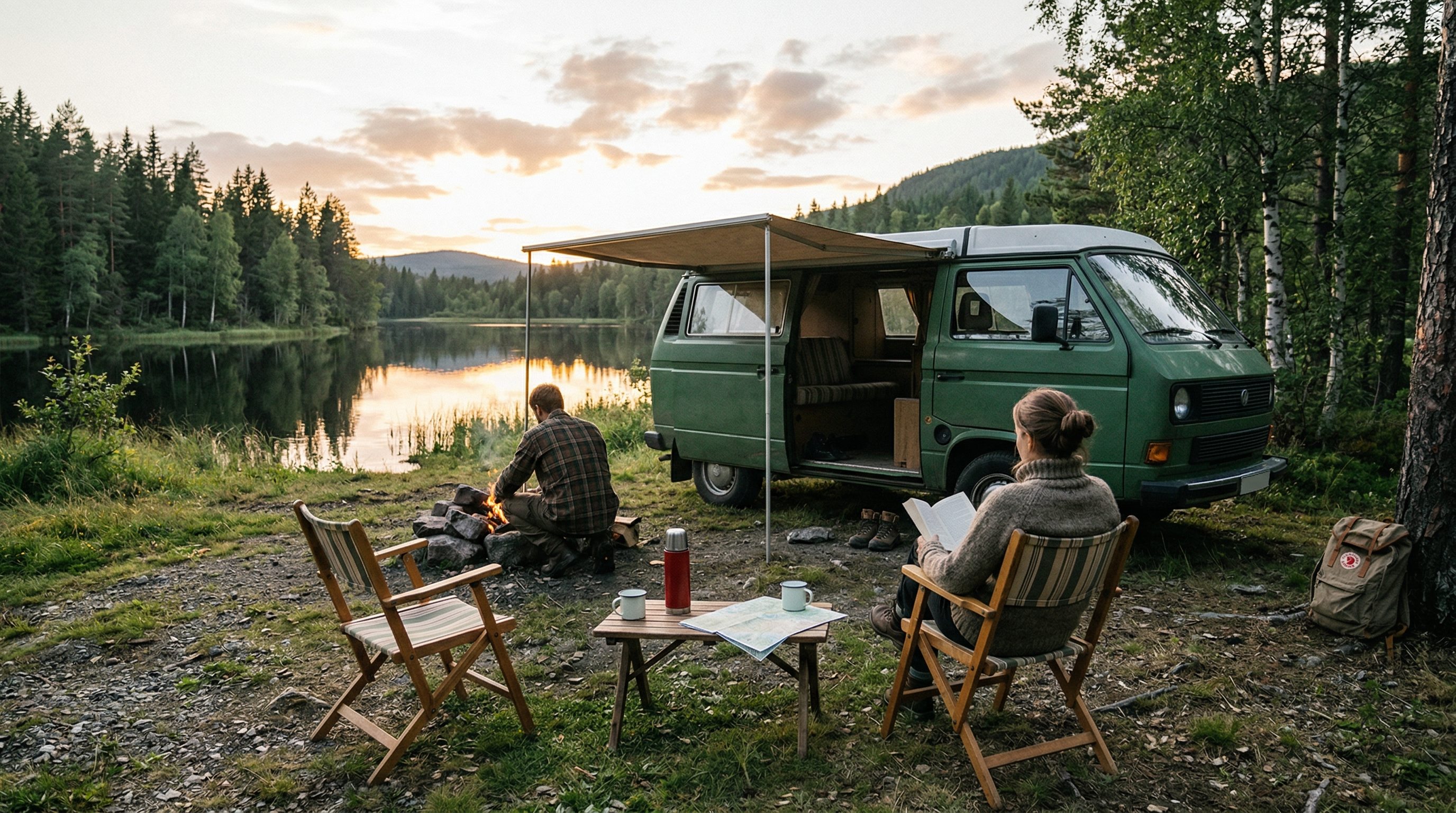 A campsite in evening light during a journey