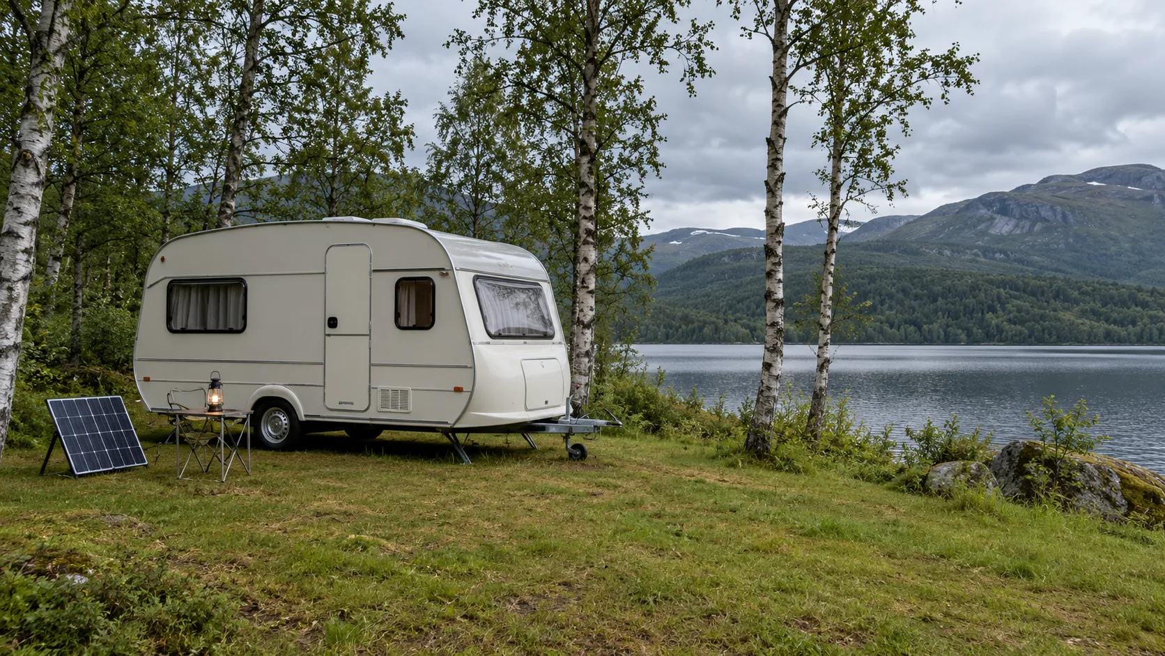 Illustration: A caravan with a portable solar panel on a grass pitch without an electric cable