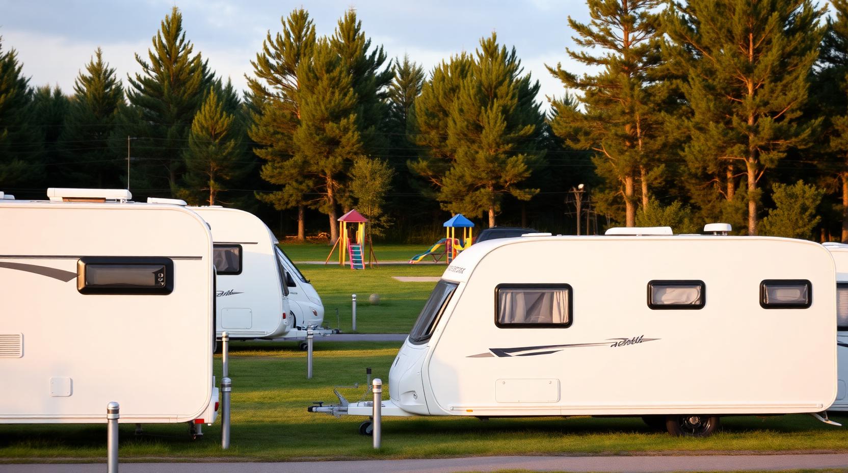 Illustration: Husvagnar och husbilar uppställda på en svensk campingplats i kvällsljus med lekplats i bakgrunden