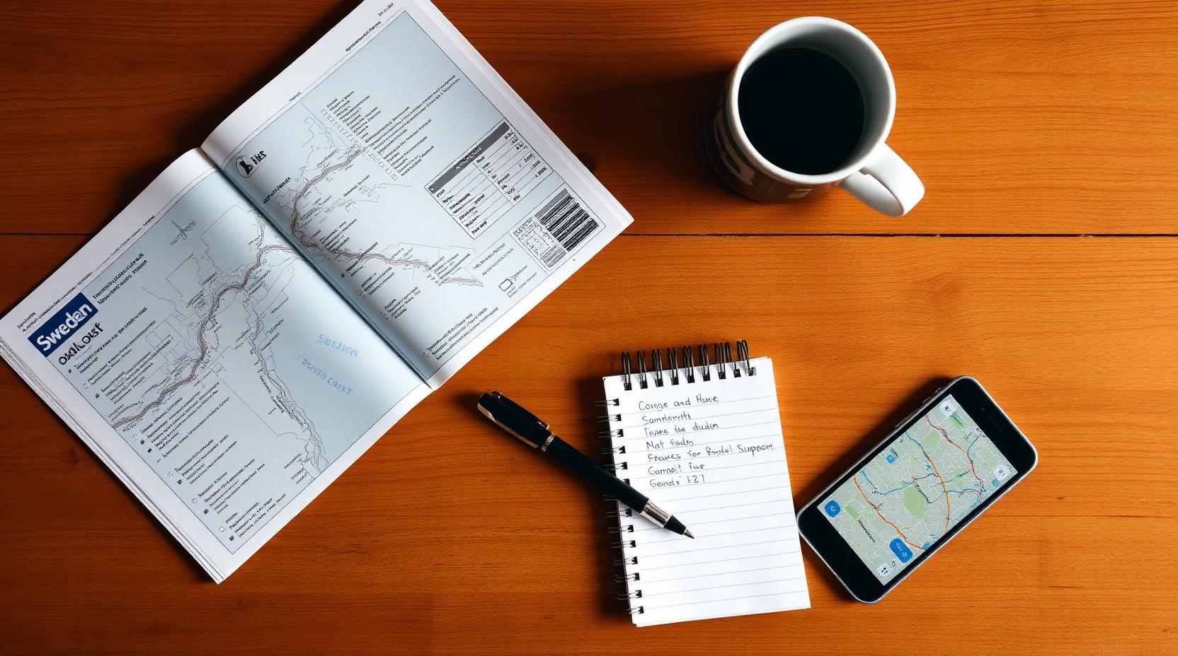A map of Sweden, comparison notes, a coffee cup and a phone with a map