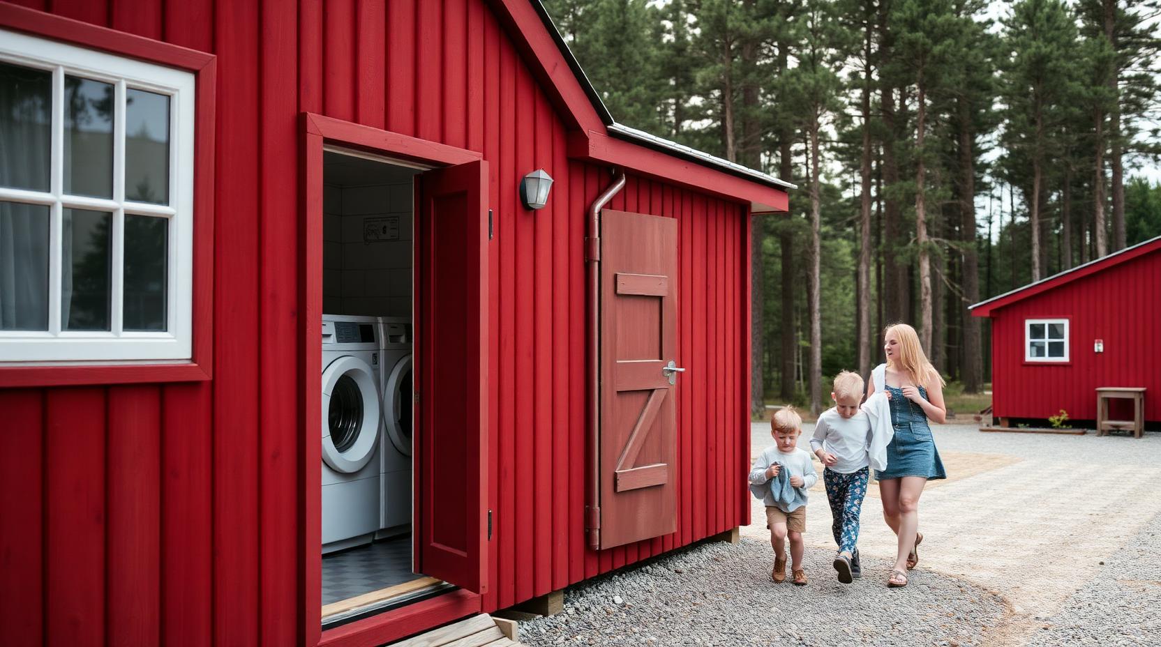 Illustration: Servicehus på svensk camping med tvättstuga och en familj på väg mot duschen