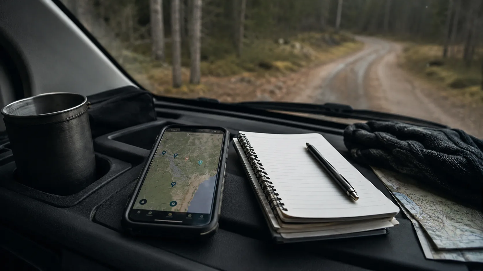 Telefon med sparade nattplatser, anteckningsbok och karta på instrumentbrädan inför fricamping
