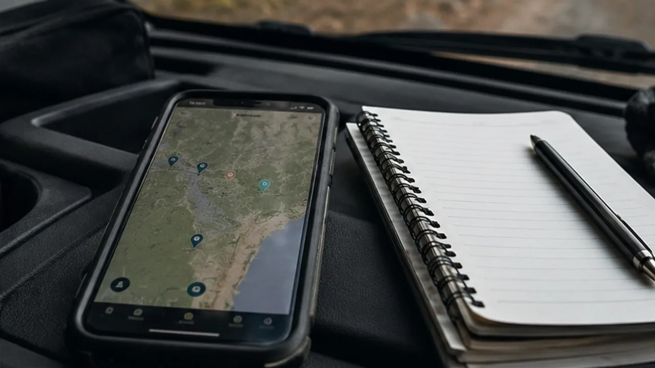 An offline map and notebook inside a car before choosing a wild-camping place