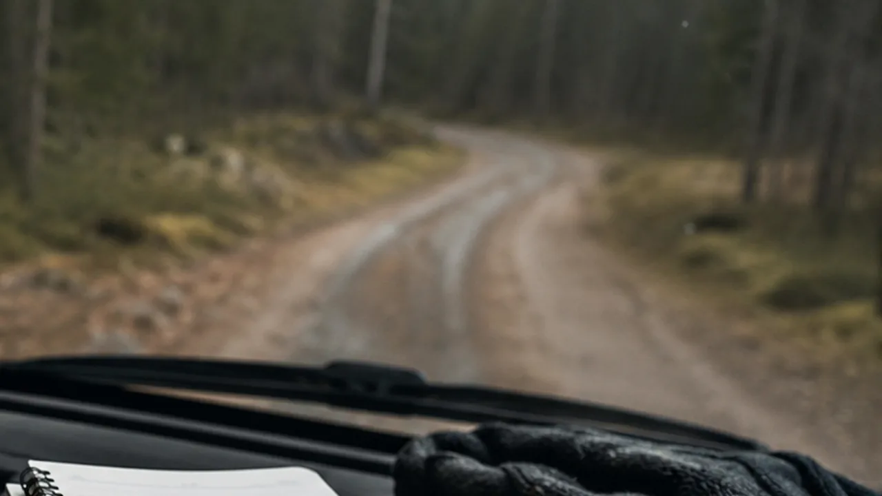 A gravel forest road seen from a car before a possible overnight stay