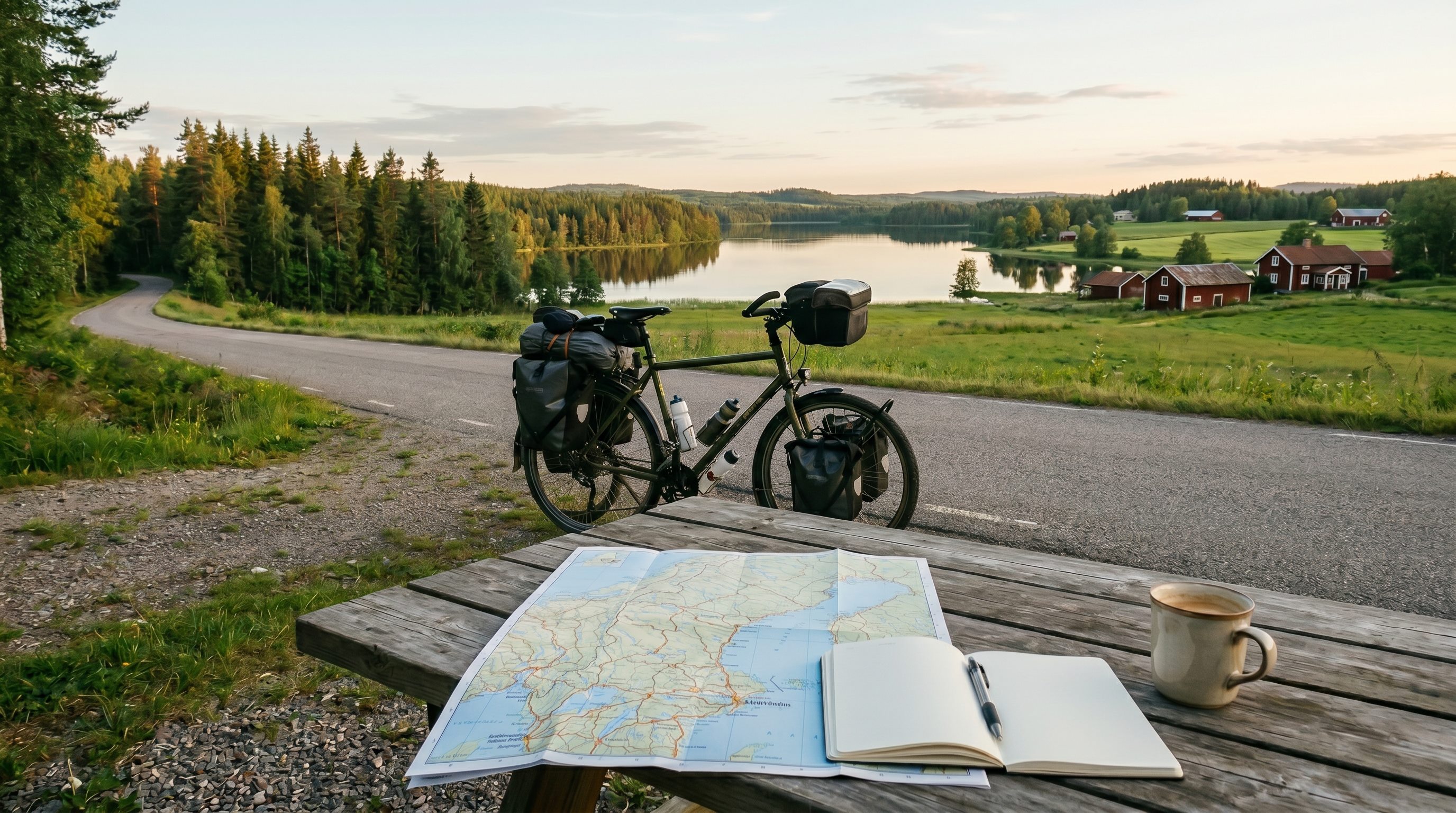 A quiet road and map on a cycle tour through Sweden