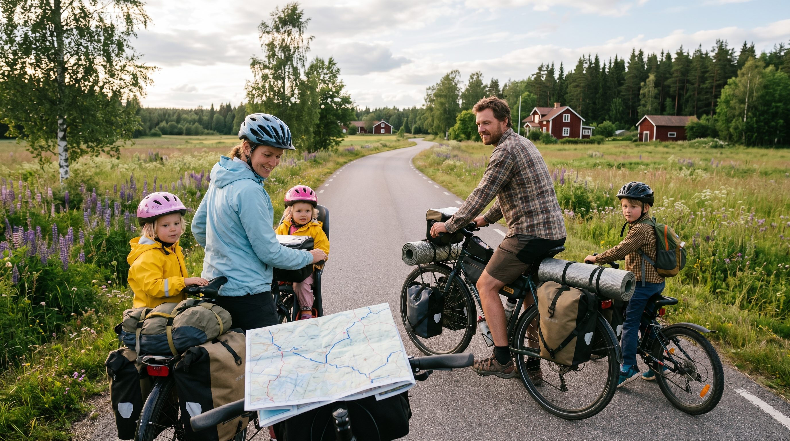 A family beginning a cycle tour with loaded bicycles and a map