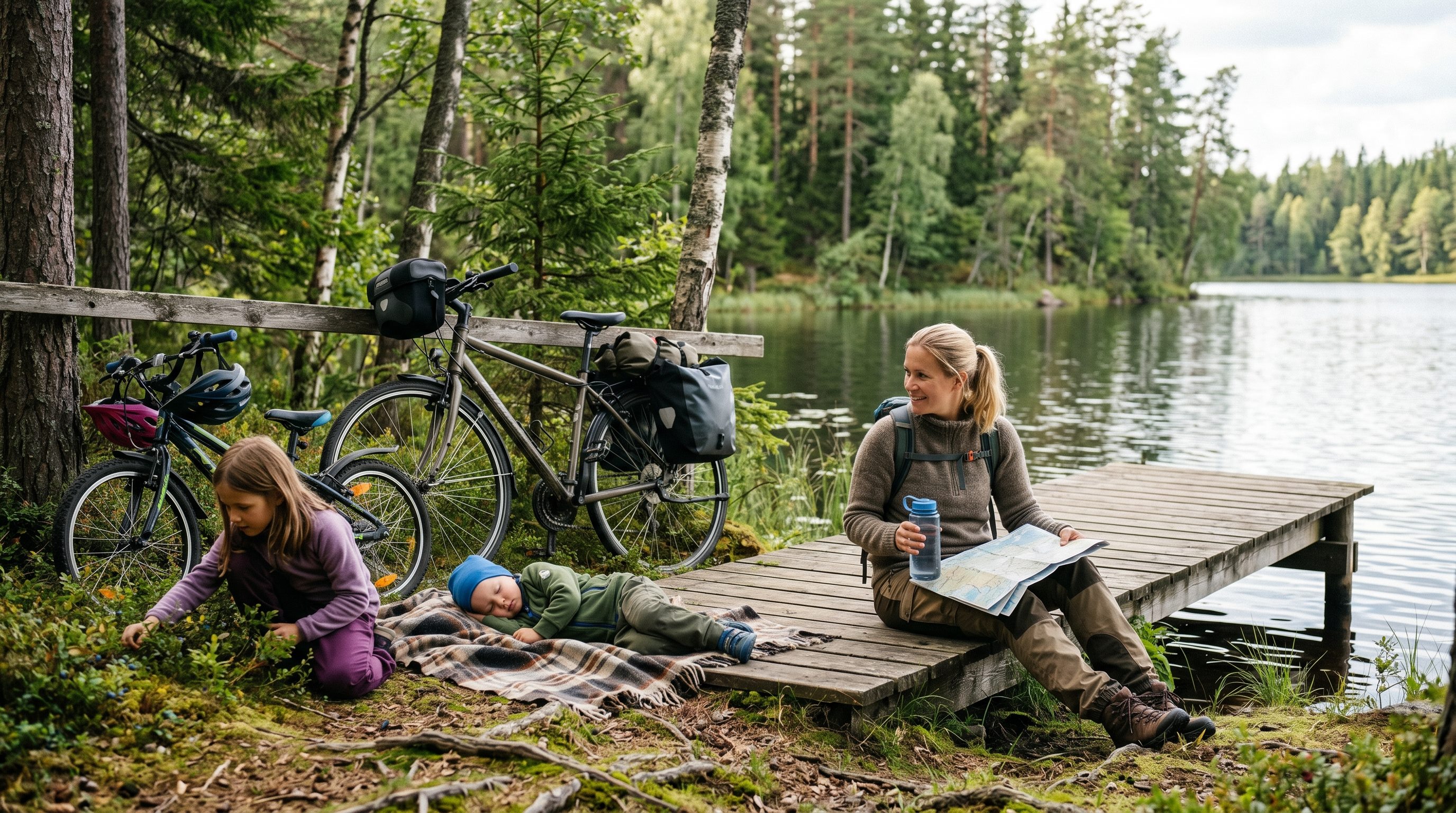 Children and adults taking a useful pause during a cycle holiday