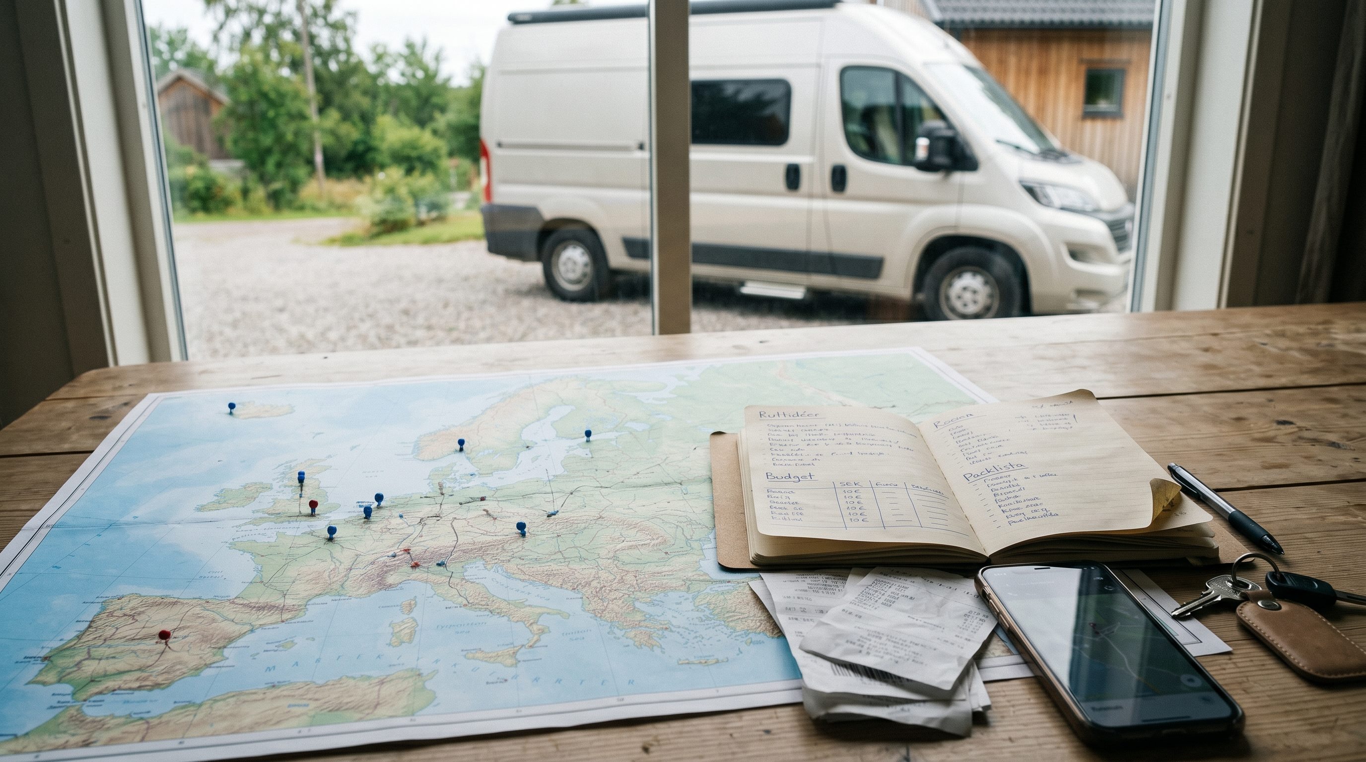 A map, budget and planned stops for a road trip