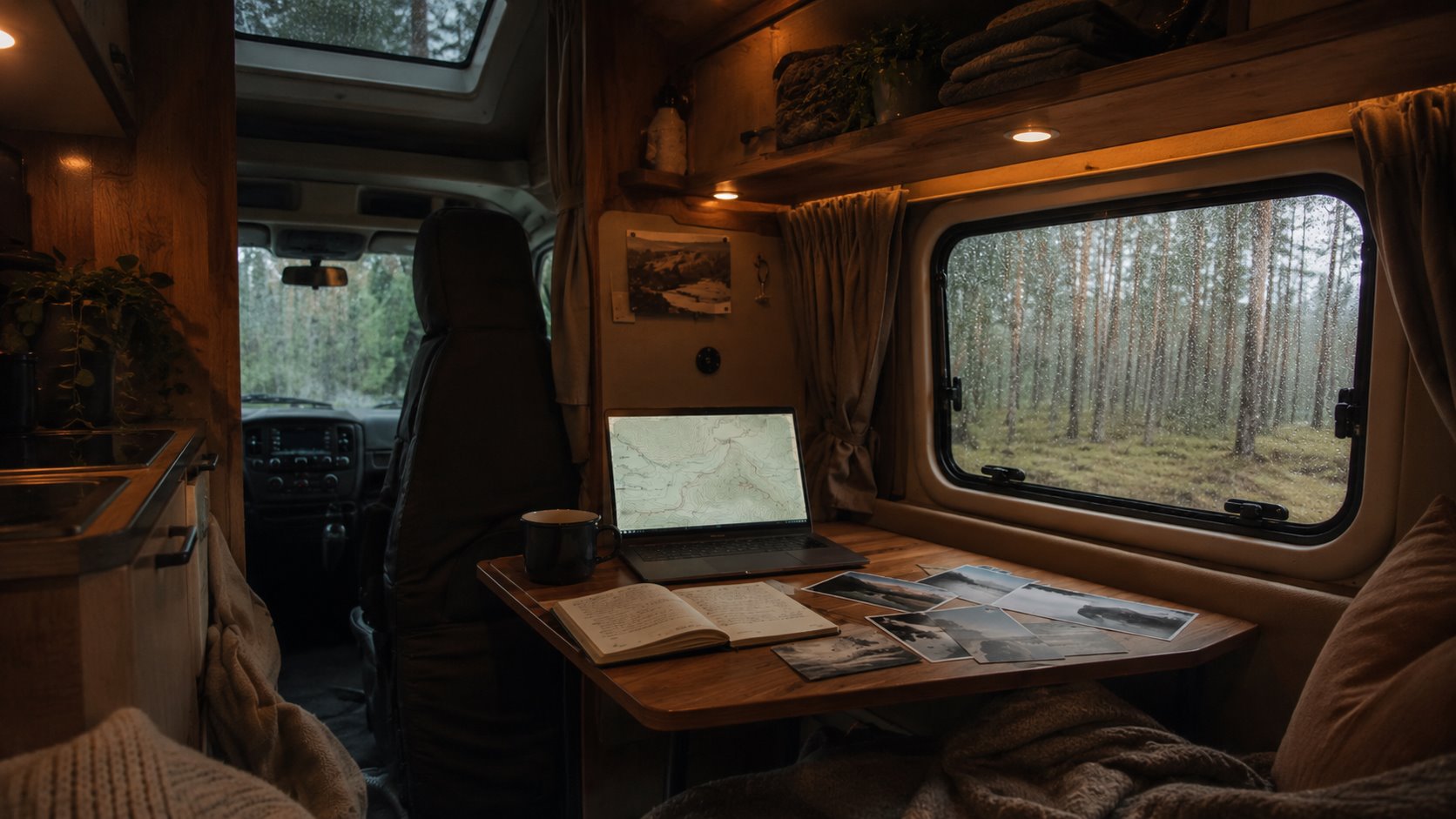 A campervan wild camping beside a forest lake at dusk