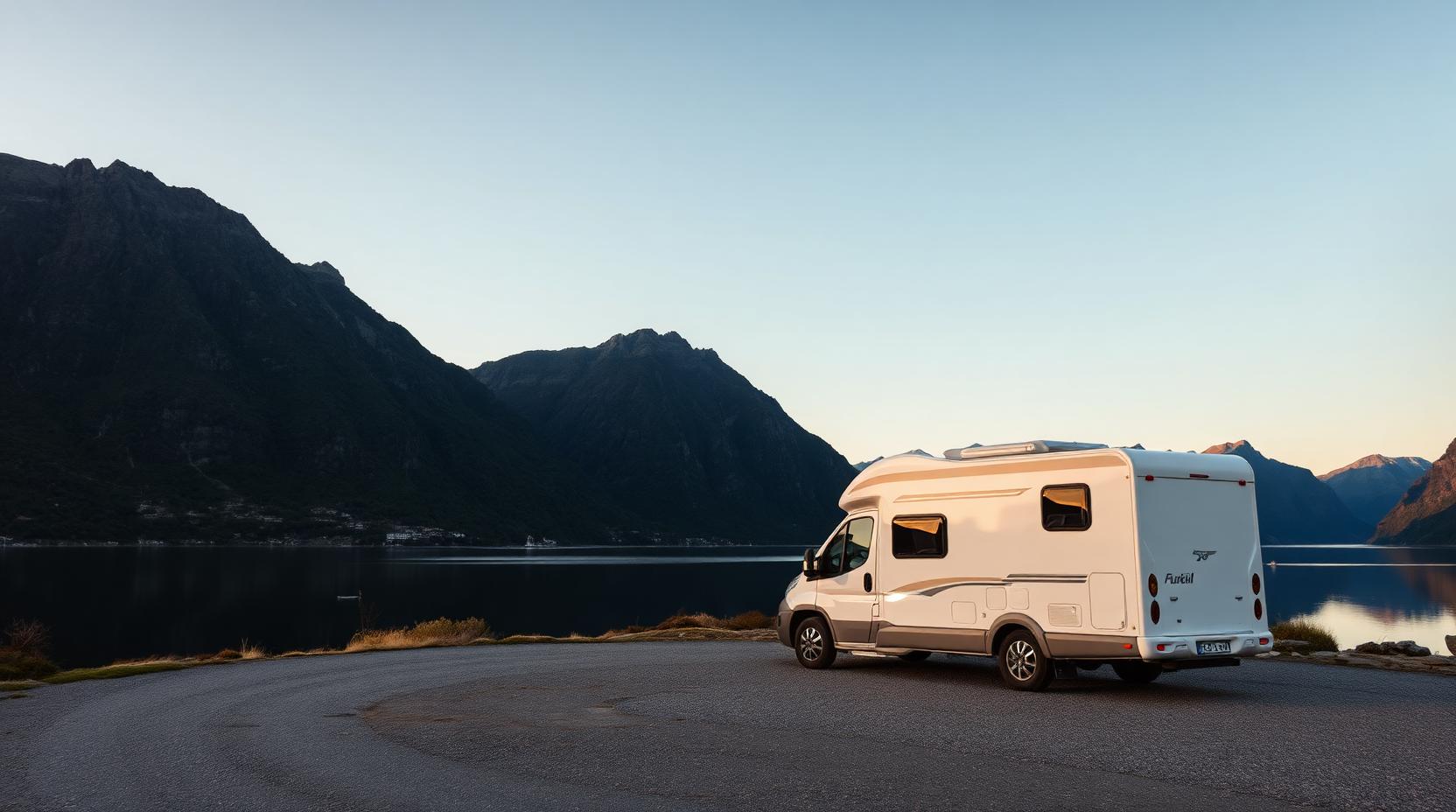 Husbil parkerad på en lugn norsk fjordstrand i kvällsljus med branta berg i bakgrunden