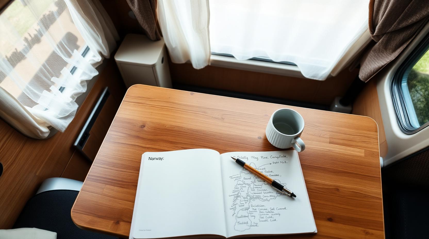 A Norway map with handwritten overnight notes and coffee inside a motorhome