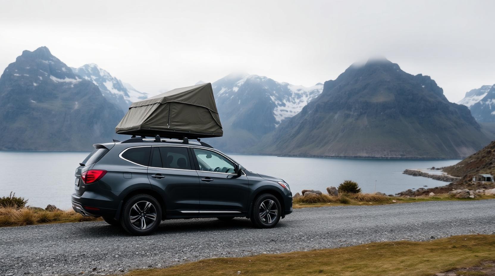 A rooftop-tent car in a gravel pull-off in Lofoten with the sea behind