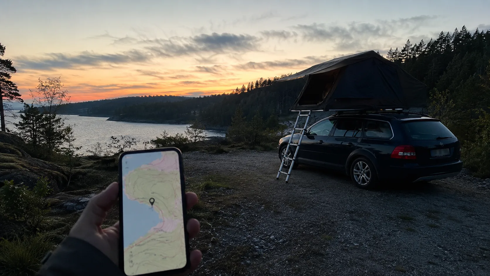 A rooftop-tent car beside water with a saved private map point