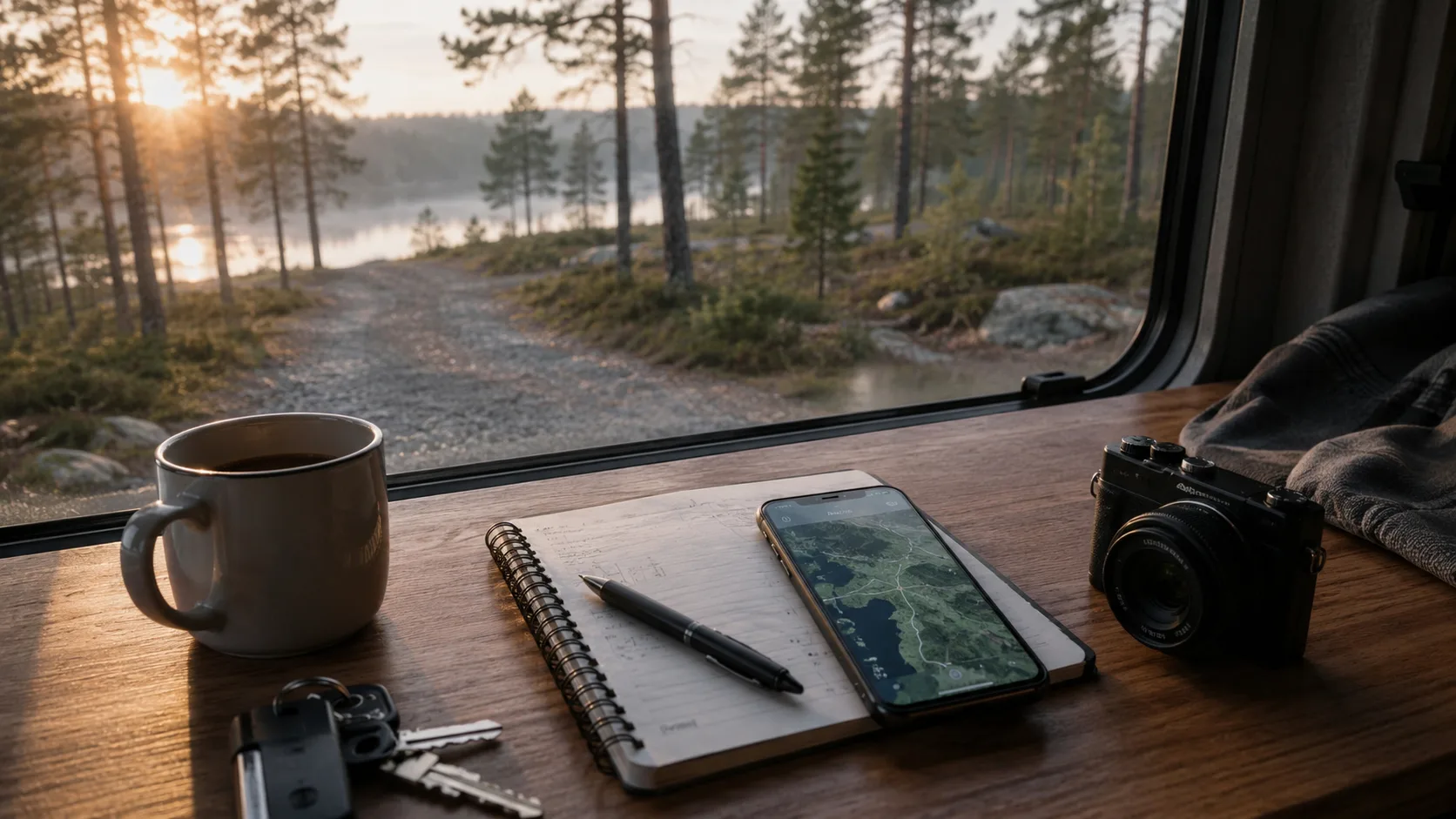 A phone map, notebook and coffee inside a campervan by a forest lake