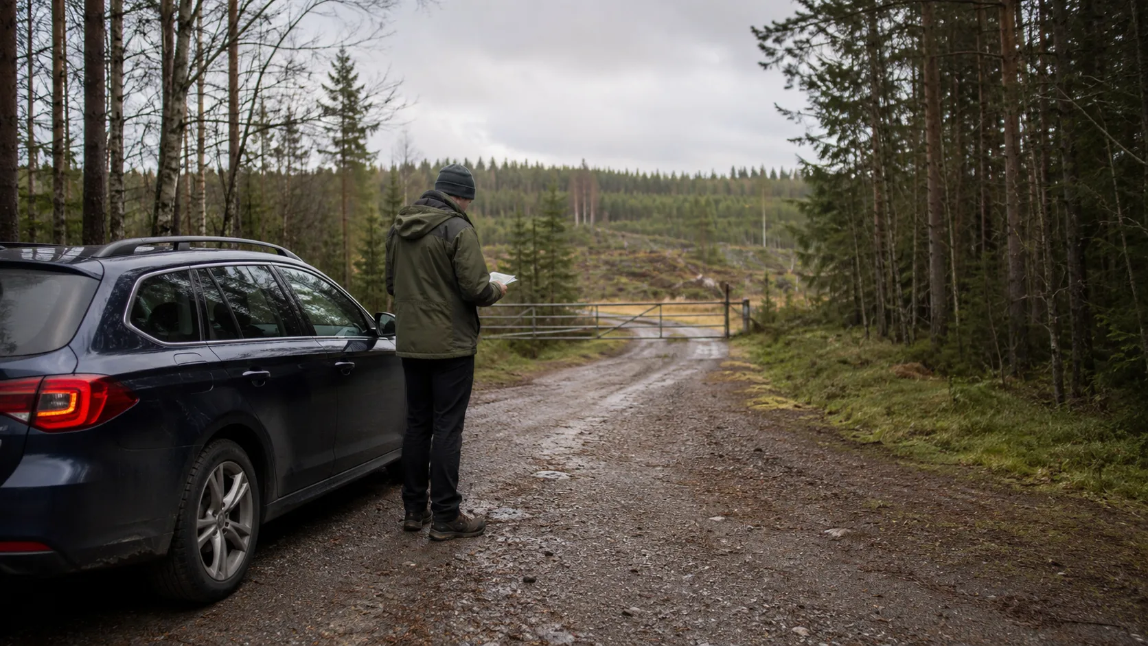 A car at a muddy barred forest road marked as a place to avoid