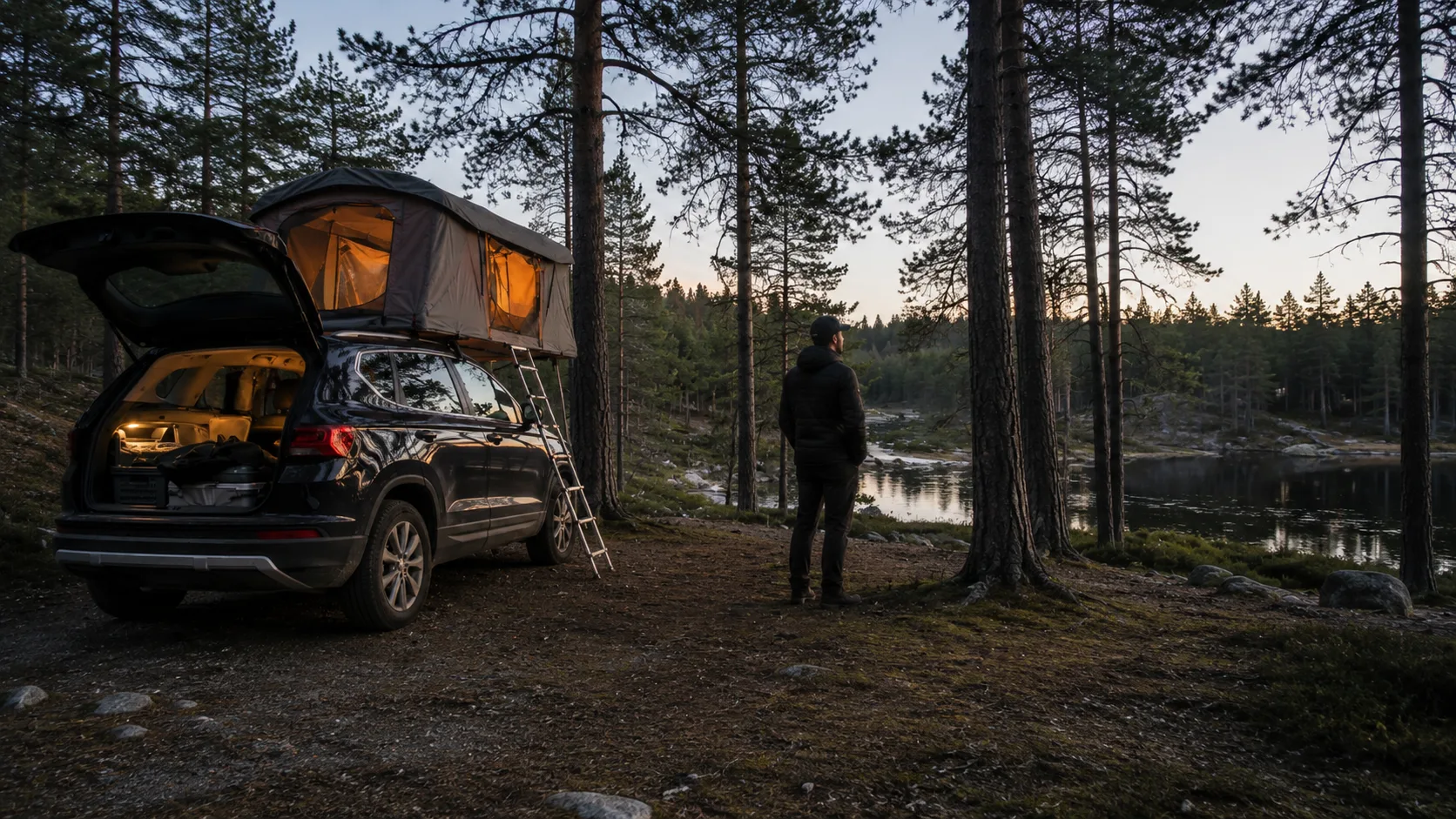 A traveller checks the slope and ground around a rooftop-tent vehicle