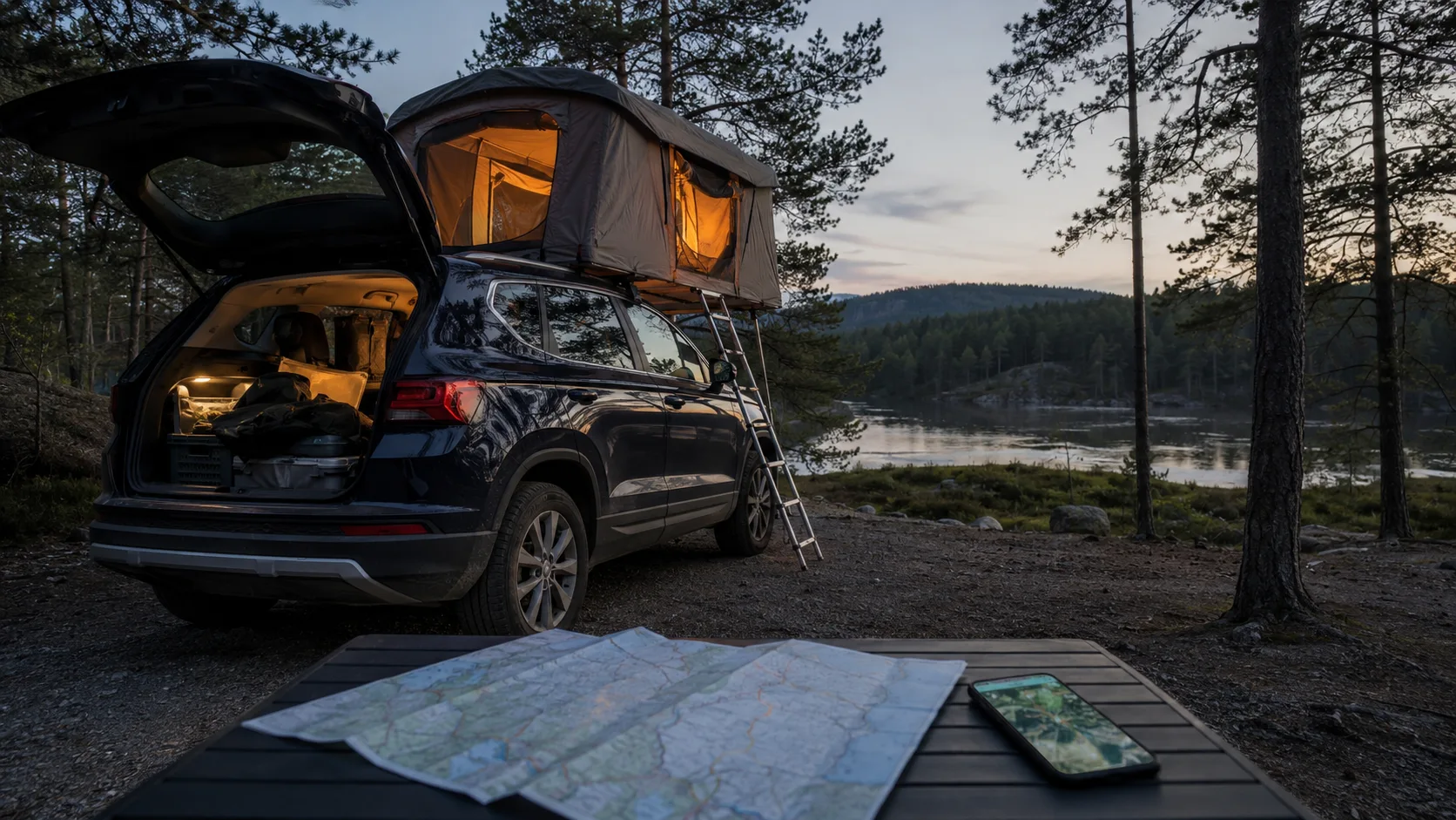 A vehicle with a rooftop tent beside a Swedish gravel road at dusk