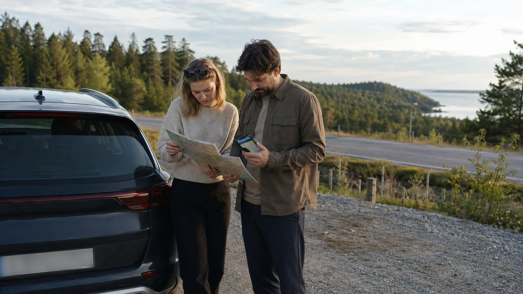Två resenärer jämför en papperskarta och mobil vid en parkerad bil längs en svensk kustväg