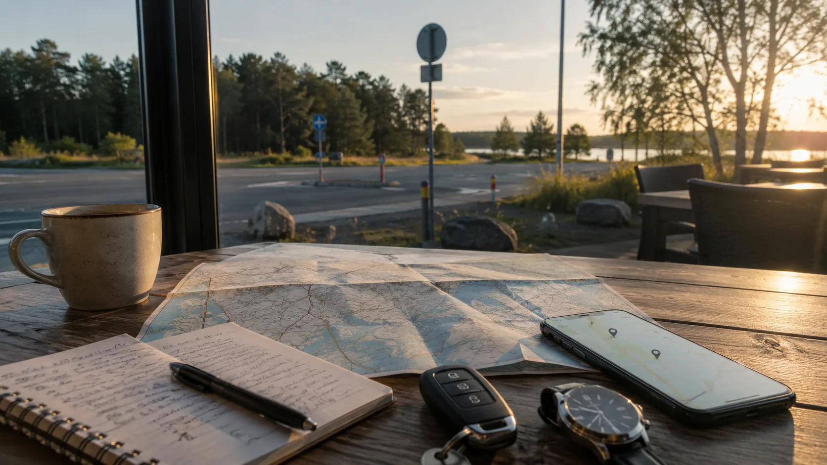 A paper map, notebook, phone and car keys on a table beside a Swedish road