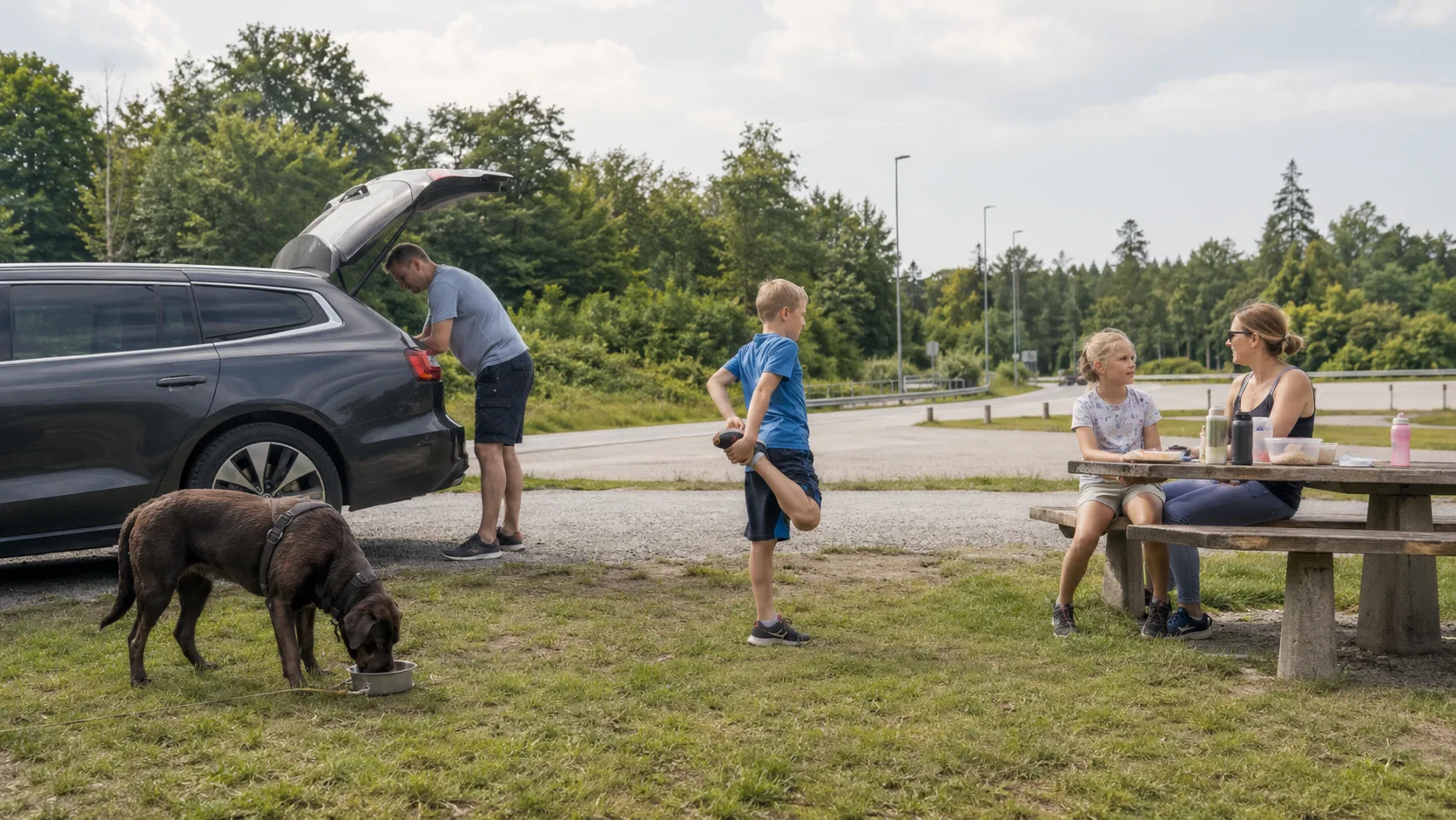 A family with children and a leashed dog pausing beside their car at a Swedish rest area