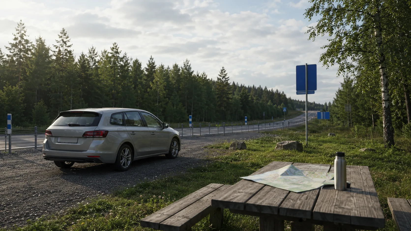 Parkerad bil vid svensk rastplats med papperskarta och termos på bordet