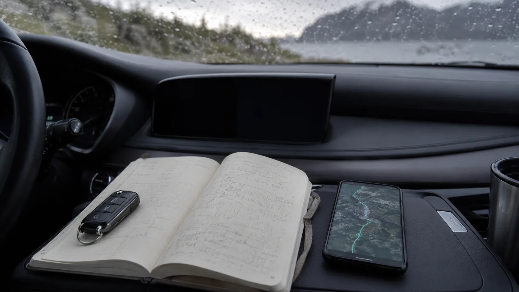 A notebook and phone with a route view inside a parked car during rain