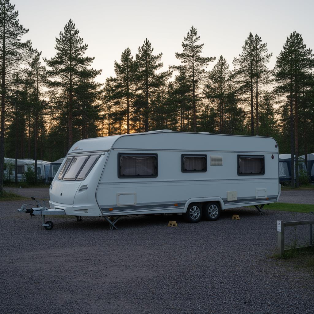 A caravan pitched at a campsite in the evening