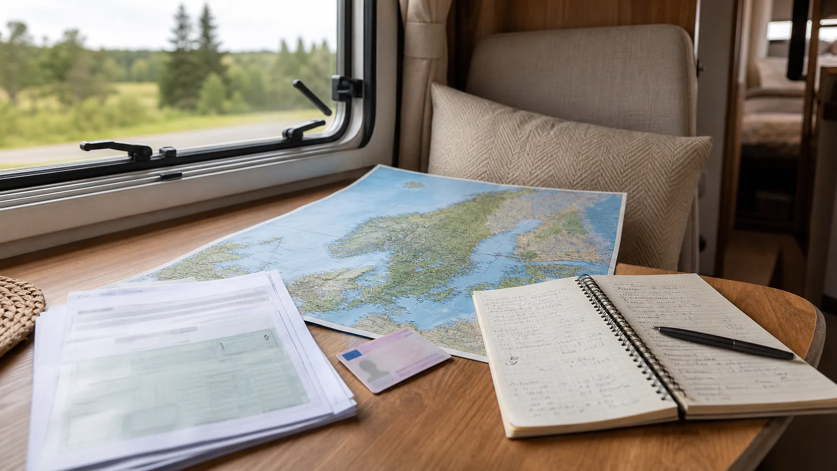 A route plan, vehicle papers and motorhome keys on a table