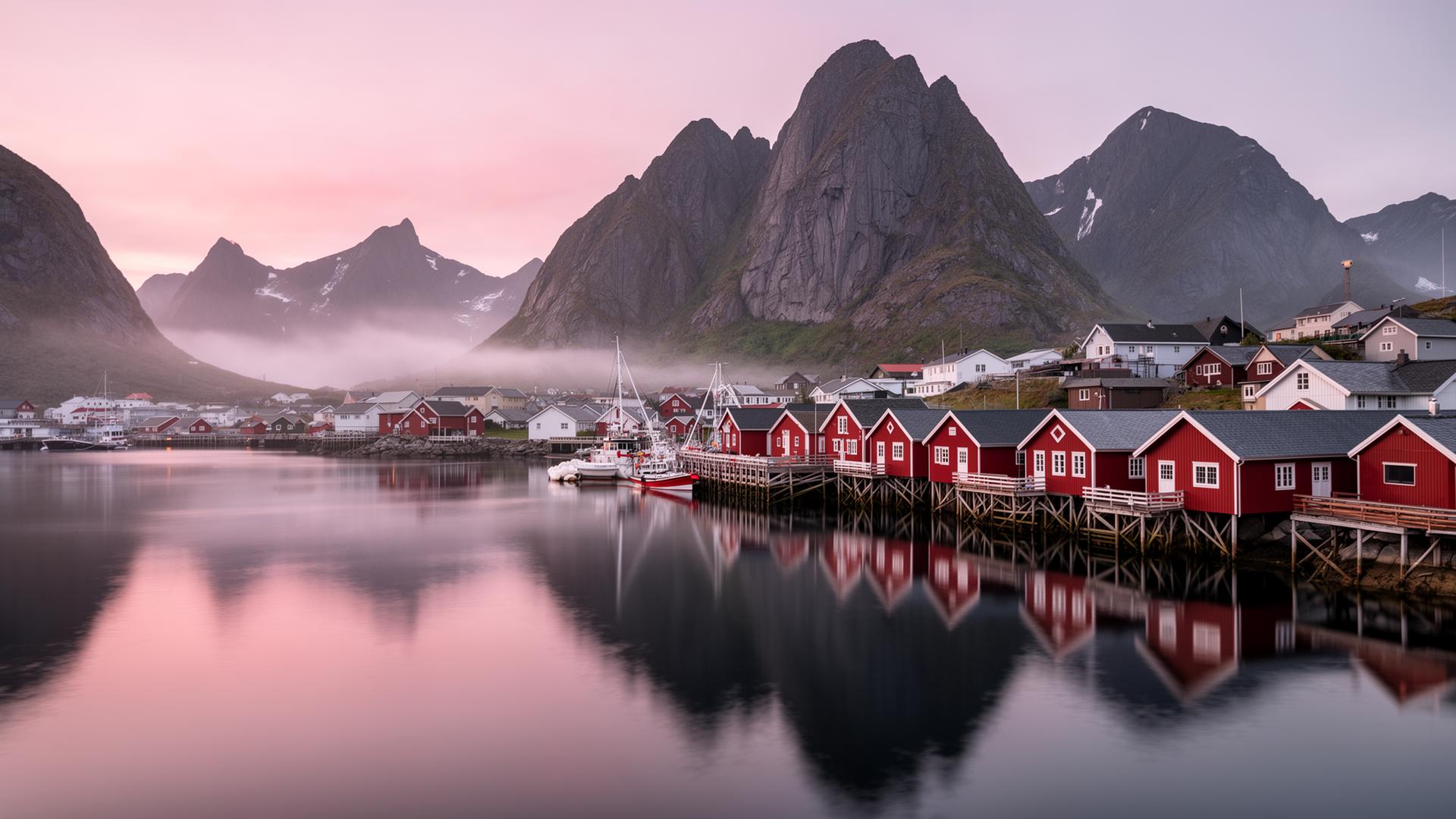 Reine fishing village in Lofoten in soft morning light