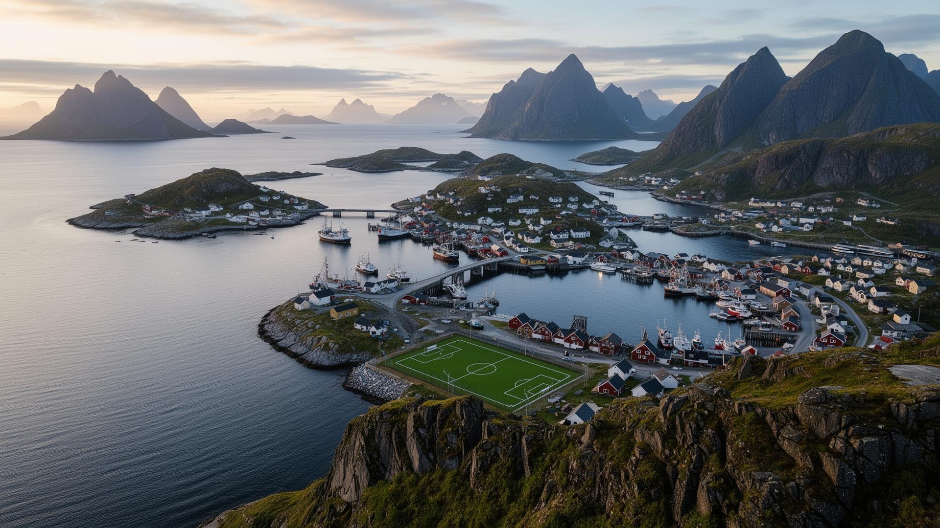 Henningsvær harbour and football pitch seen from above