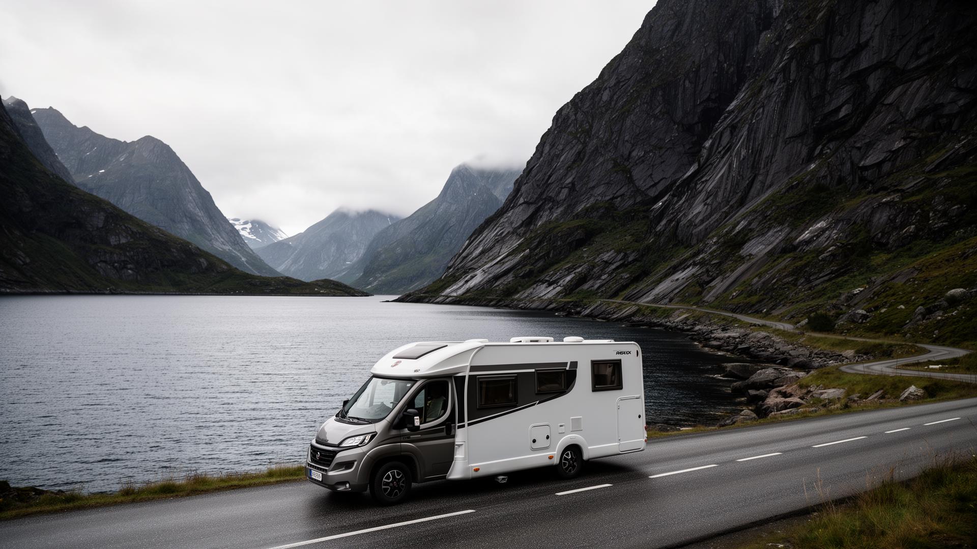 A motorhome on the narrow E10 between sea and granite mountains