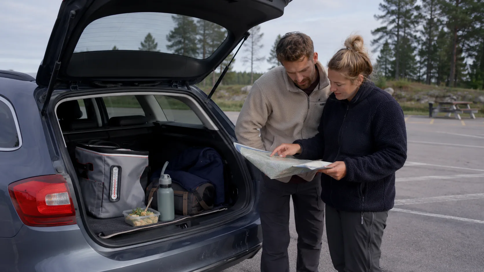 Two travellers planning their next service stop beside an estate car with a cool box