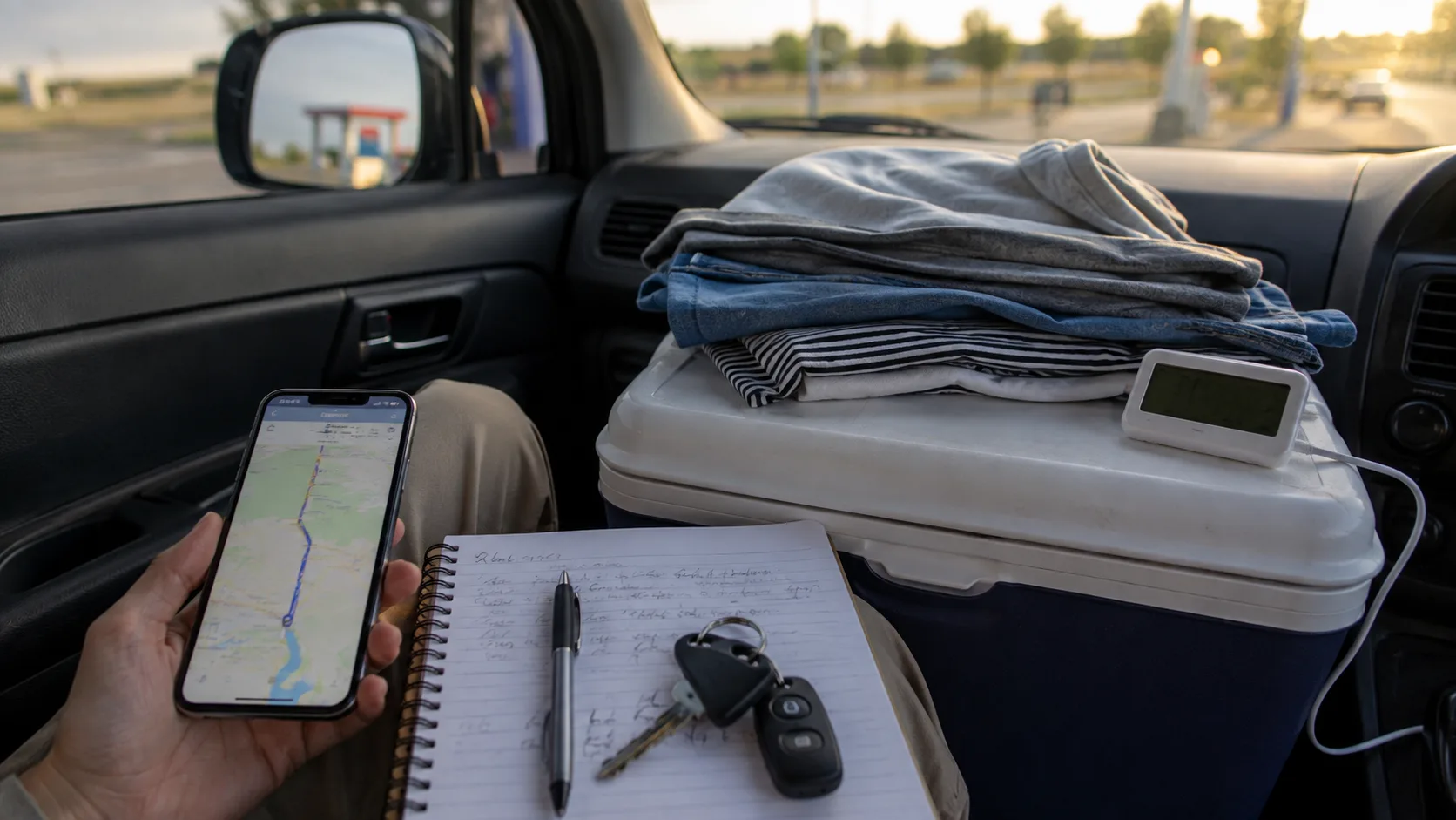 A cool box, thermometer, clean laundry and travel plan after a service stop