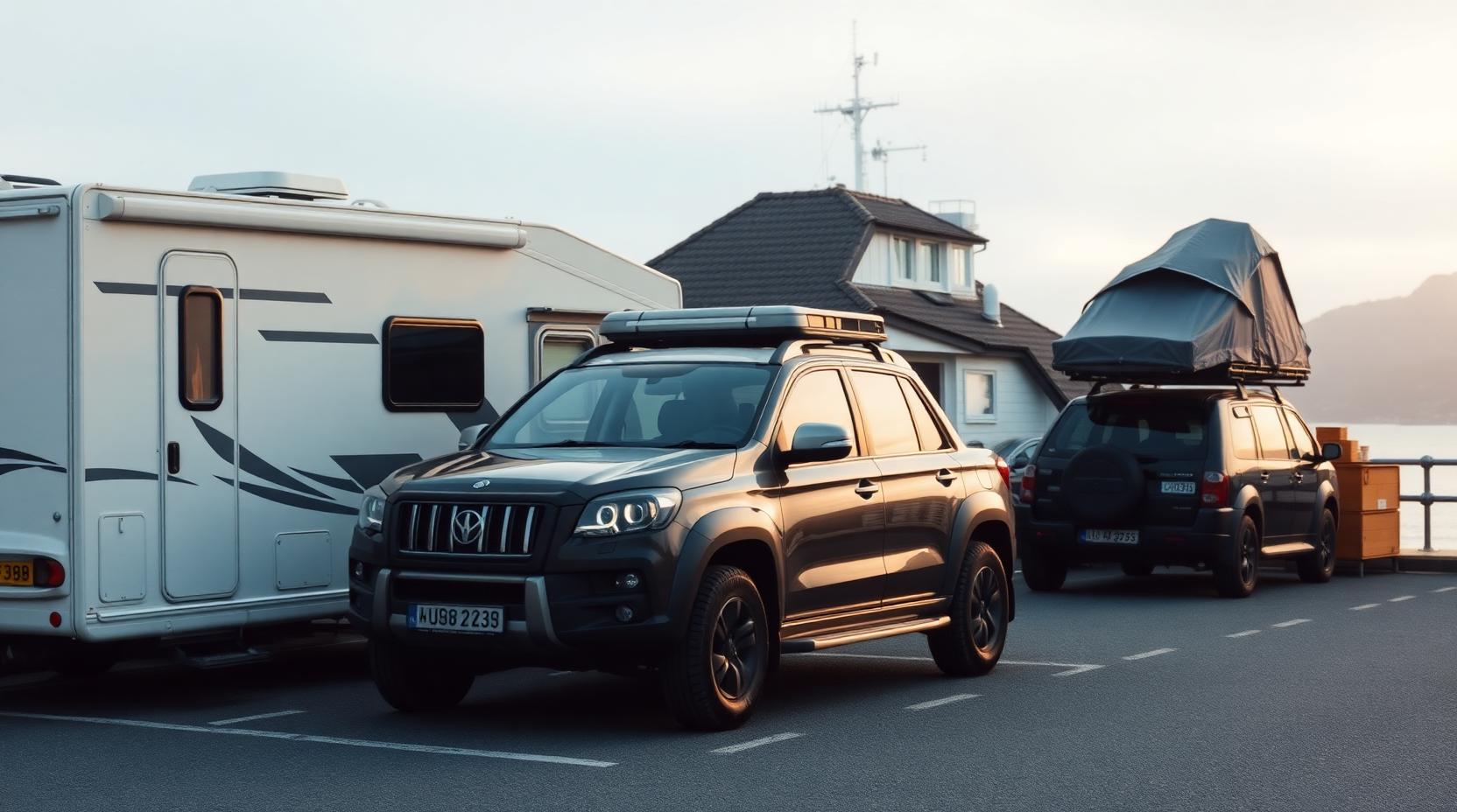 A motorhome and rooftop-tent car waiting for a ferry at a Norwegian harbour