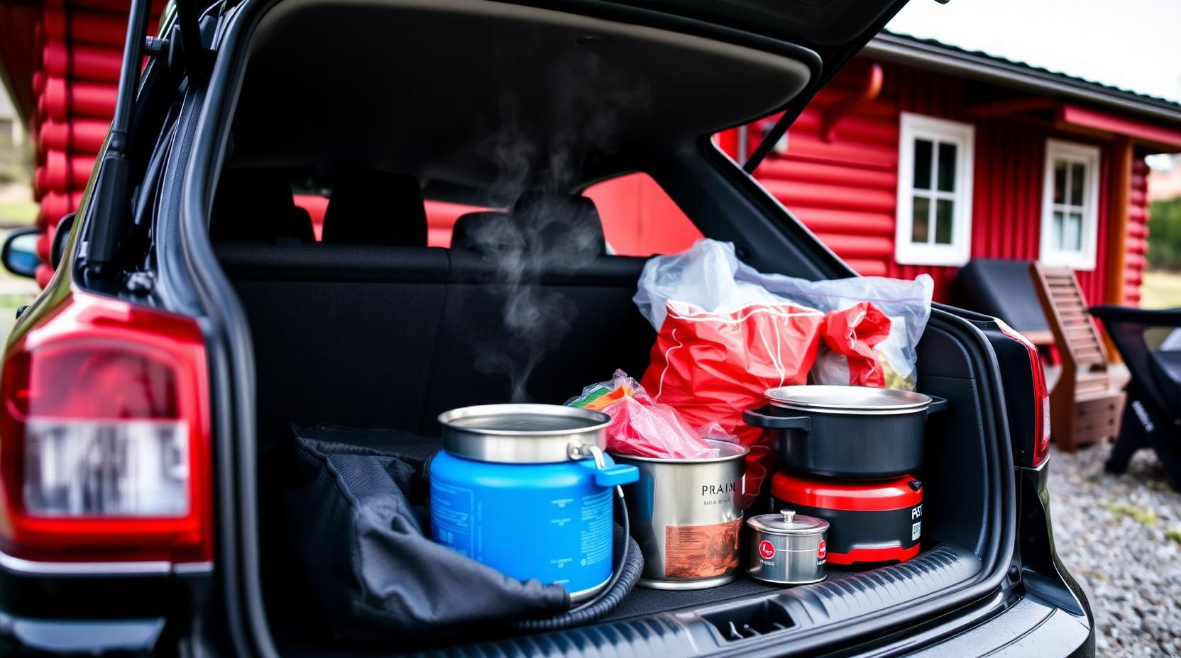 A gas bottle, pan and food arranged at the back of a vehicle in Norway