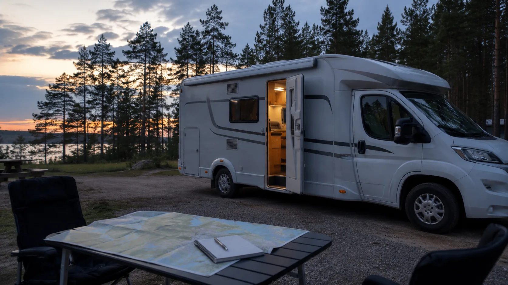 A motorhome at an evening stop with a map and notes before its first trip