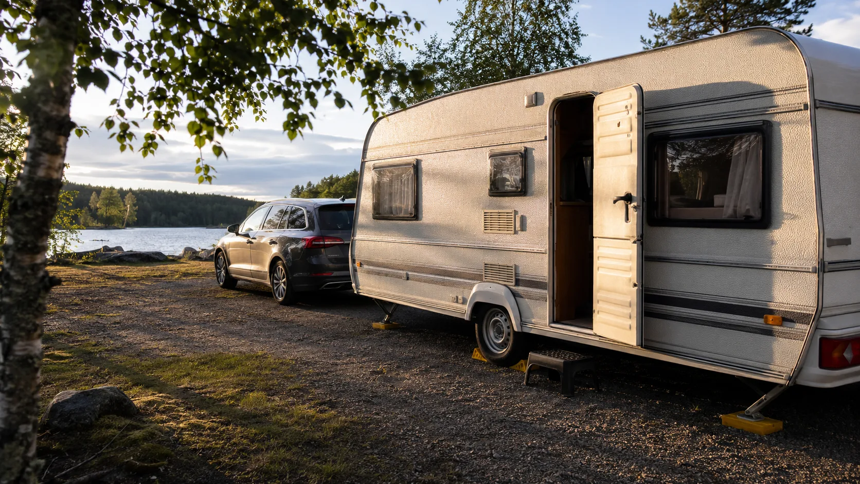 A car and caravan beside a lake on a first caravan journey