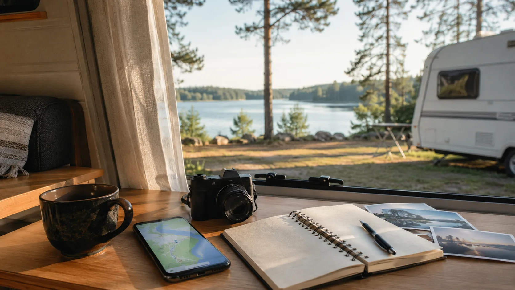 A notebook, phone map and camera beside a caravan at a lake
