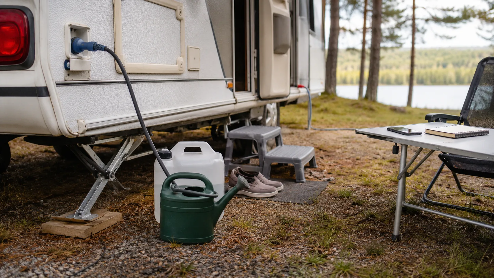 An electric cable, water container and corner steady beside a pitched caravan